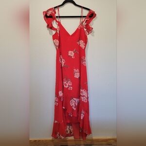 Womens Cold Shoulder Floral Sleeve V Neck Tea-Length‎ Hi-Lo Dress Speechless L